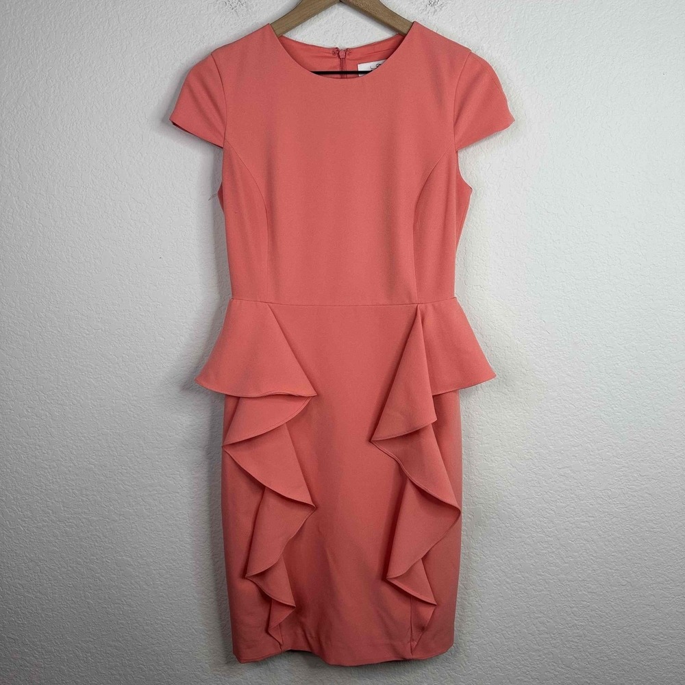 Belle Badgley Mischka Dress Womens 4 Coral Ruffle Peplum Formal Bridal Romantic